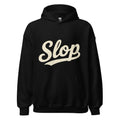 Wiglet Slop Script Hoodie — Black / Cream — clean front with approved Slop script and underline; Gildan 18500; supplier digital mockup.