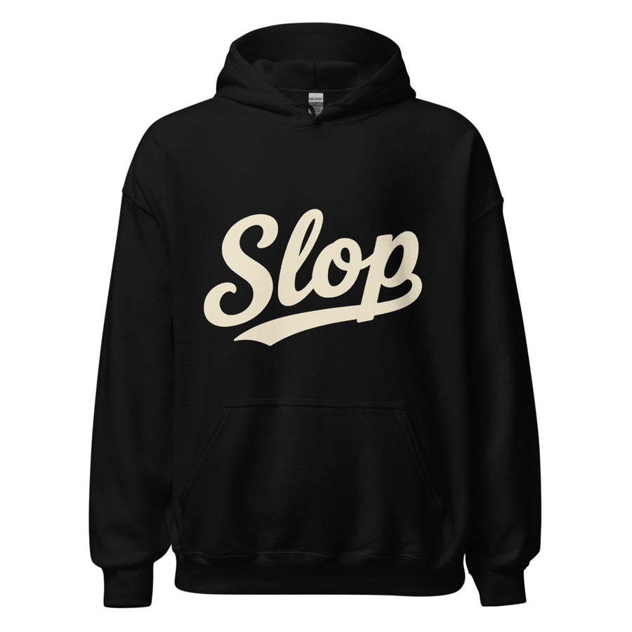 Wiglet Slop Script Hoodie — Black / Cream — clean front with approved Slop script and underline; Gildan 18500; supplier digital mockup.