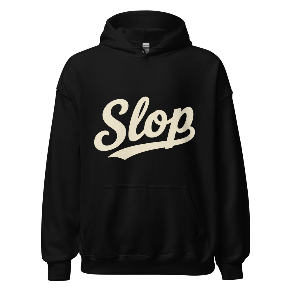 Wiglet Slop Script Hoodie — Black / Cream — Slop script detail cropped from the exact supplier front preview; Gildan 18500; supplier digital mockup.
