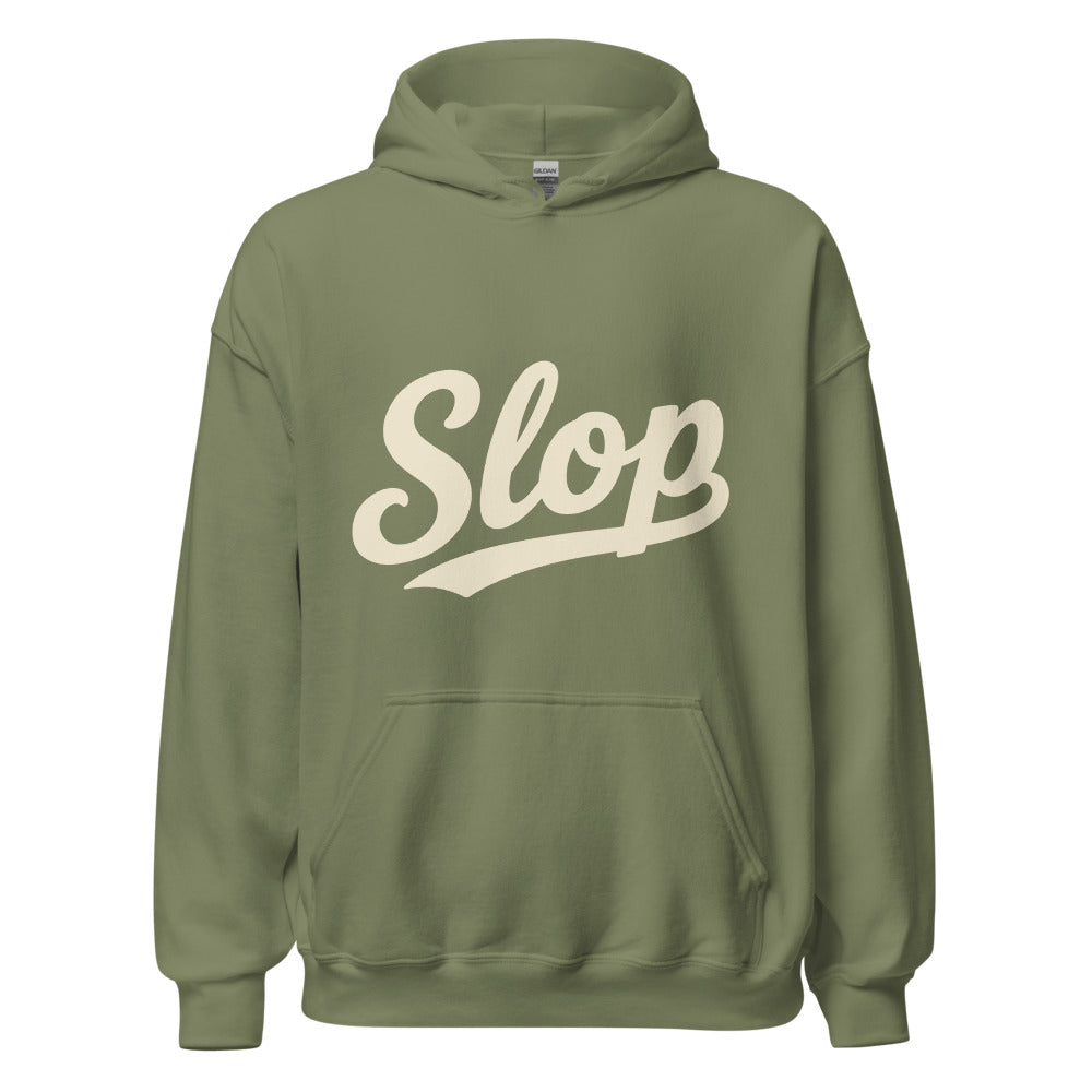 Wiglet Slop Script Hoodie — Military Green / Cream — clean front with approved Slop script and underline; Gildan 18500; supplier digital mockup.