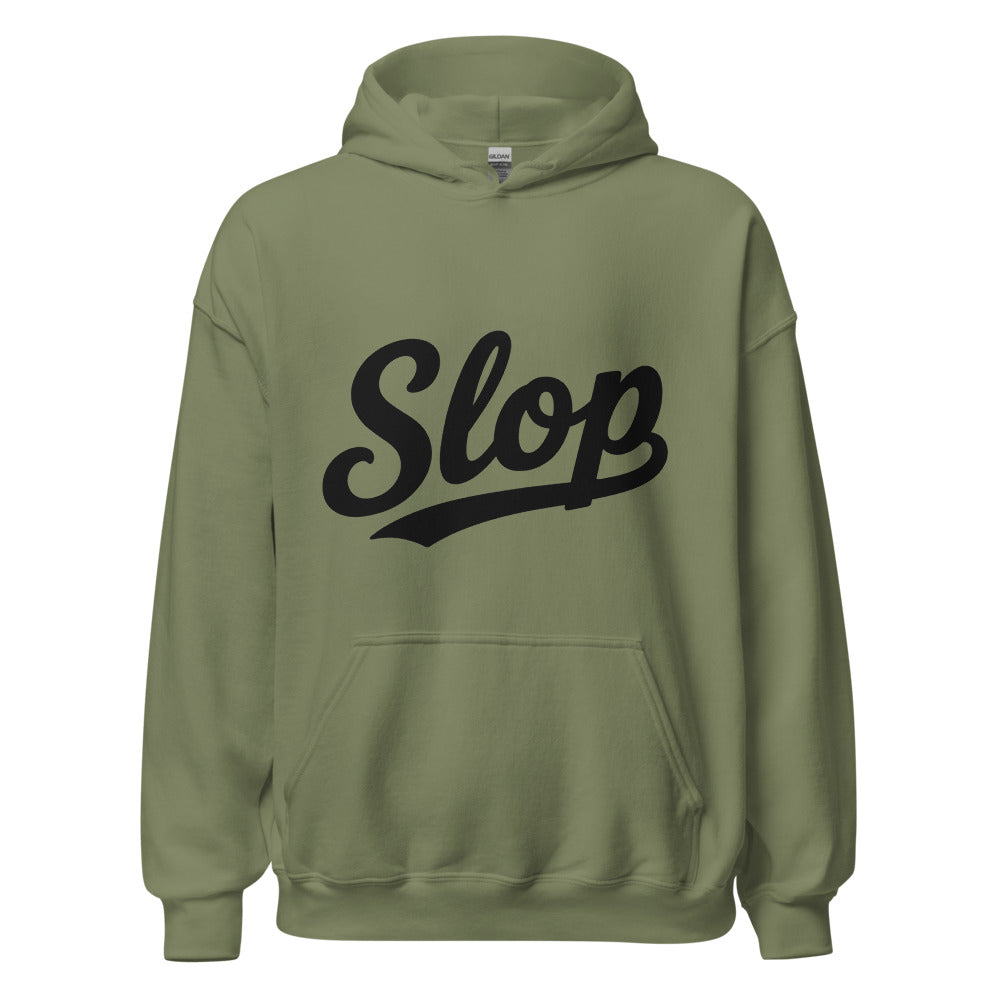 Wiglet Slop Script Hoodie — Military Green / Black — clean front with approved Slop script and underline; Gildan 18500; supplier digital mockup.