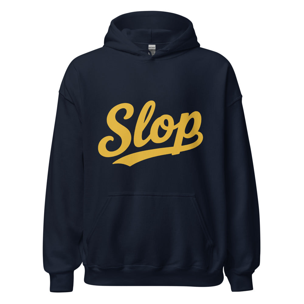 Wiglet Slop Script Hoodie — Navy / Gold — clean front with approved Slop script and underline; Gildan 18500; supplier digital mockup.