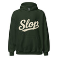 Wiglet Slop Script Hoodie — Forest Green / Cream — clean front with approved Slop script and underline; Gildan 18500; supplier digital mockup.