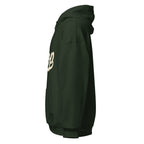 Wiglet Slop Script Hoodie — Forest Green / Cream — actual left side with blank sleeve; Gildan 18500; supplier digital mockup.