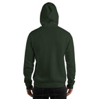 Wiglet Slop Script Hoodie — Forest Green / Cream — adult model plain back, hood up; actual Gildan 18500; supplier digital mockup, hoodie only.