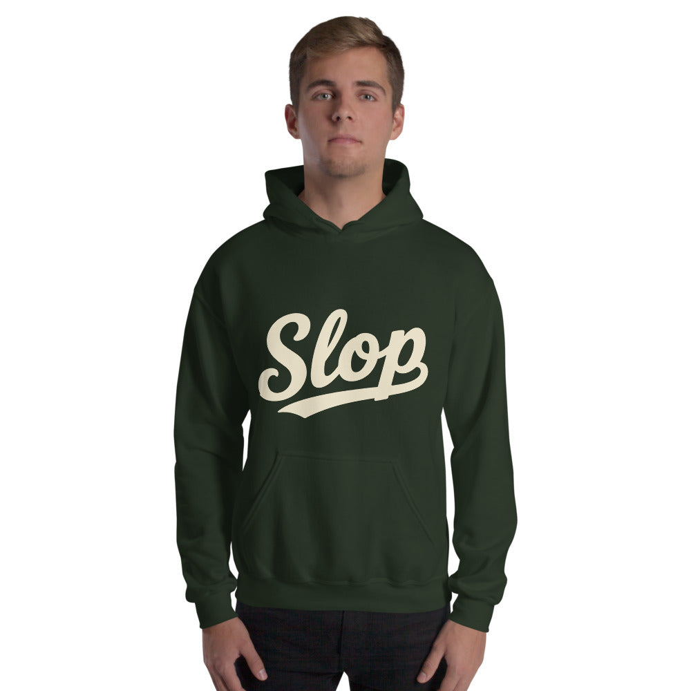 Wiglet Slop Script Hoodie — Forest Green / Cream — adult model front with approved Slop script; actual Gildan 18500; supplier digital mockup, hoodie only.