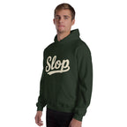 Wiglet Slop Script Hoodie — Forest Green / Cream — adult model three-quarter view with plain sleeves; actual Gildan 18500; supplier digital mockup, hoodie only.