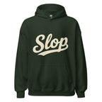Wiglet Slop Script Hoodie — Forest Green / Cream — Slop script detail cropped from the exact supplier front preview; Gildan 18500; supplier digital mockup.