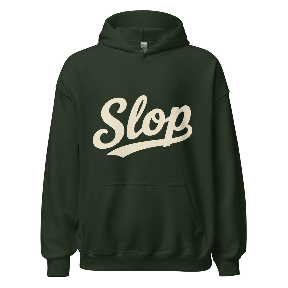 Wiglet Slop Script Hoodie — Forest Green / Cream — Slop script detail cropped from the exact supplier front preview; Gildan 18500; supplier digital mockup.