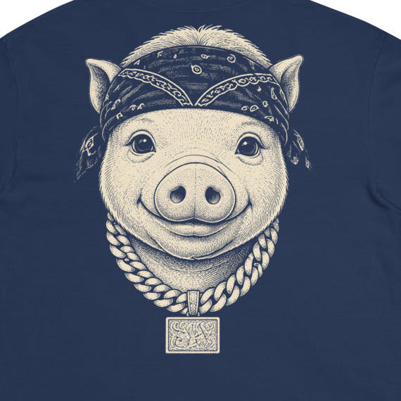 Little Cannon Boy Head Tee — Faded Navy in True Navy — back print detail cropped from the exact Printful digital mockup; not a manufactured sample photograph.