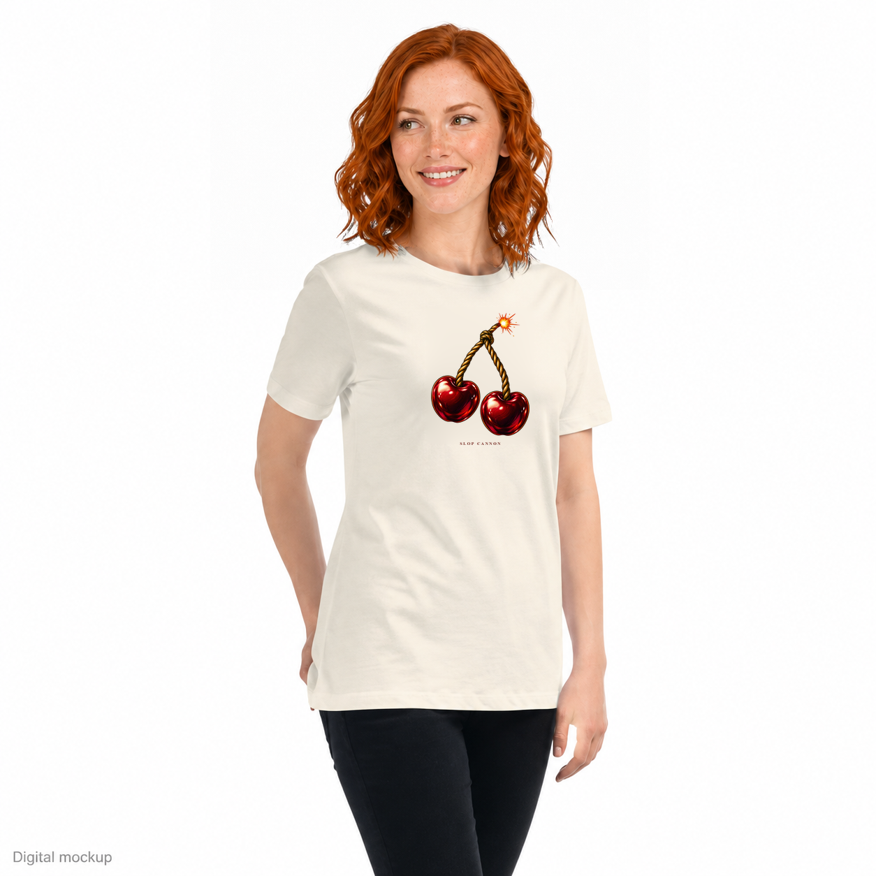 Cherry Fuse women's tee — Natural — three-quarter model view; tee only; Women's Relaxed T-Shirt | Bella + Canvas 6400 Natural; digital model and artwork composite illustrating placement; not a manufactured sample photograph.
