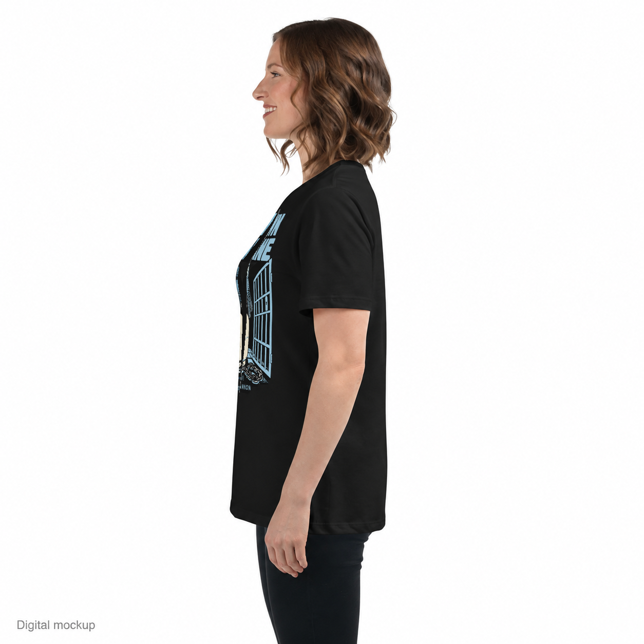 My Own Propane — Black — side model view with plain sleeve; tee only; Bella + Canvas 6400 Black; digital model and artwork composite illustrating placement; not a manufactured sample photograph.