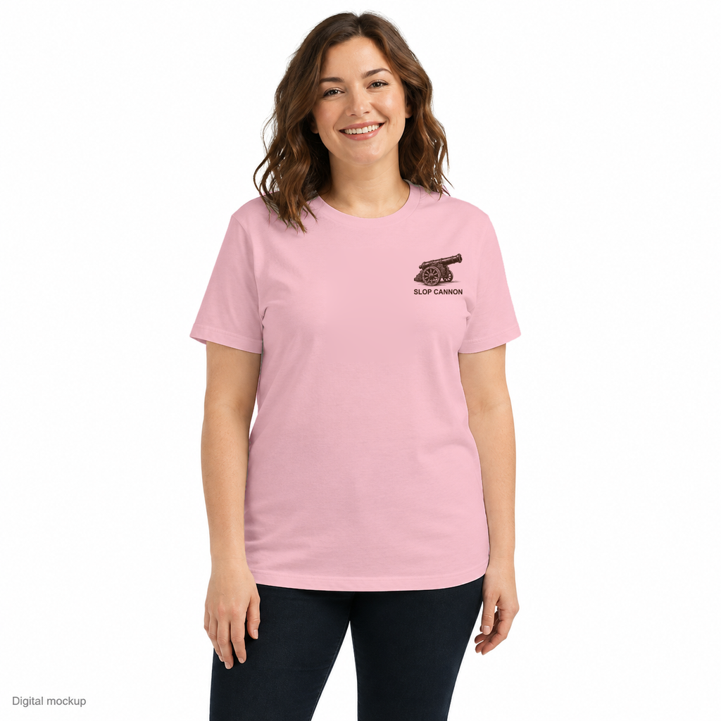 Do Not Aim At Ex Women's Tee — Pink — adult female front model view; exact Bella + Canvas 6400 garment and configured left-chest cannon artwork; local identity composite checked against supplier source; digital mockup; tee only.
