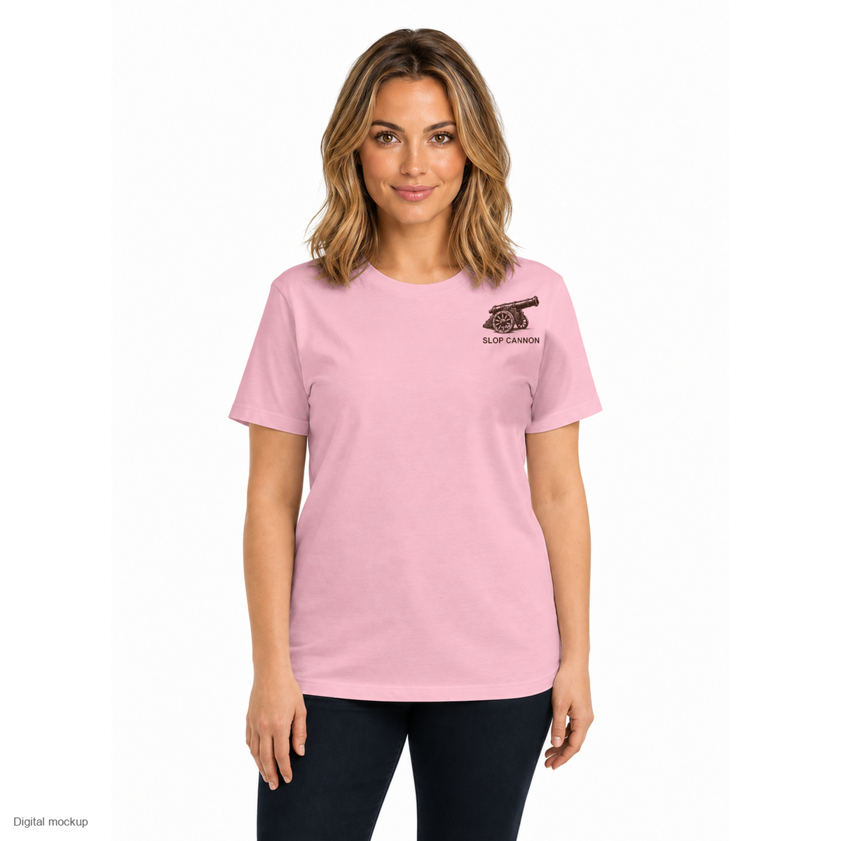 Do Not Aim At Ex Women's Tee — Pink — adult female front model view; exact Bella + Canvas 6400 garment and configured left-chest cannon artwork; local identity composite checked against supplier source; digital mockup; tee only.