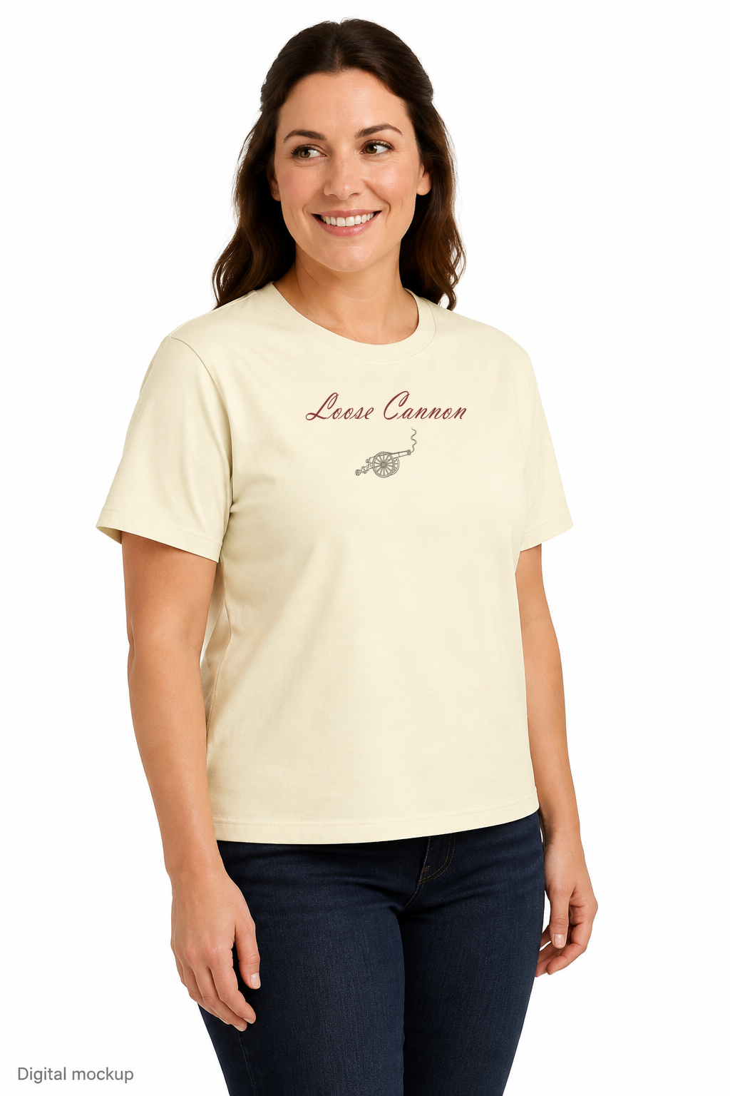 Loose Cannon women's tee — Buttermilk — adult female model three-quarter view with exact configured front artwork and supplier garment fit; digital mockup, not a manufactured sample; styling jeans excluded.