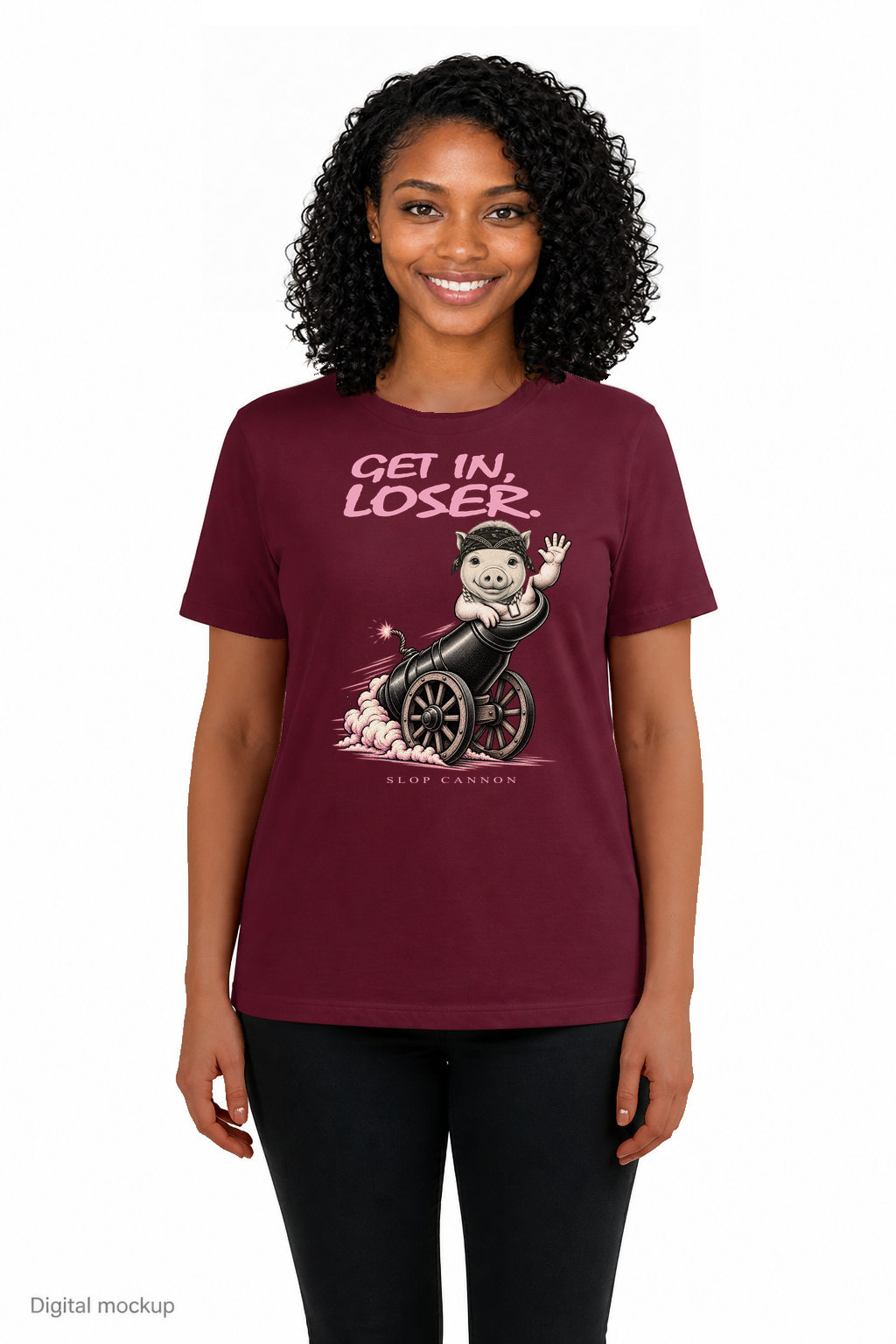 Get In, Loser. Women's Tee — Maroon — front model view with exact corrected front artwork; digital composite checked against the supplier preview. Tee only; other clothing is styling and is not included.