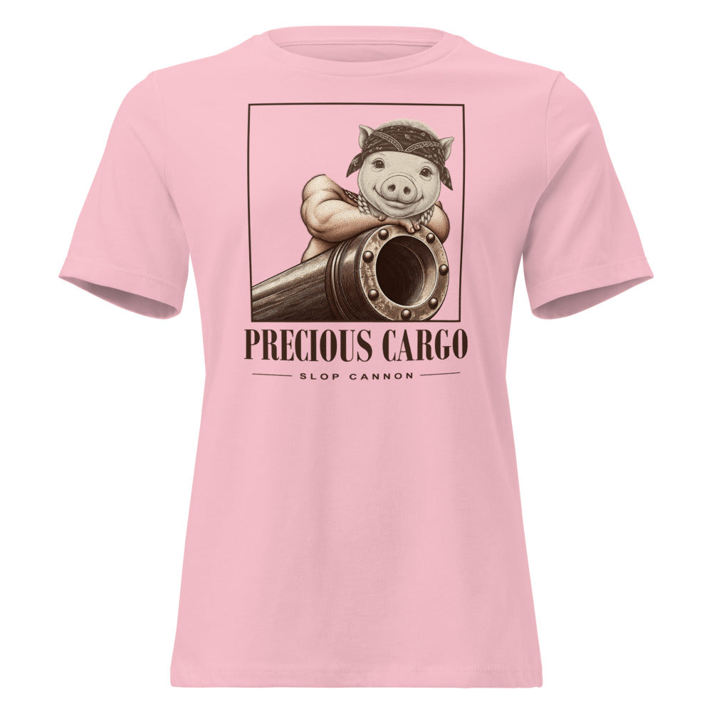 Precious Cargo Women's Tee — Pink — full front with exact corrected configured artwork; supplier digital mockup.