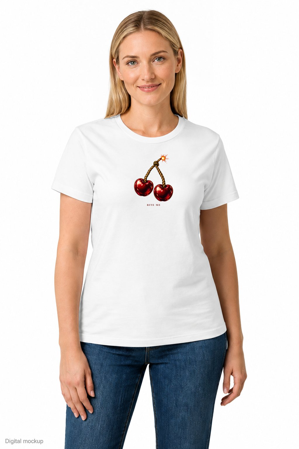 Slop Cannon Bite Me Women's Tee — White — front model view with exact configured artwork; digital composite checked against the supplier preview. Tee only; other clothing is styling and is not included.
