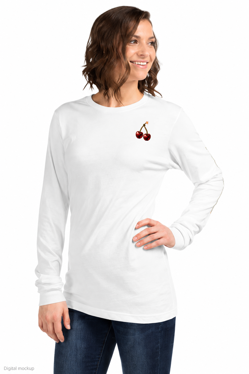 Slop Cannon Cherry Fuse Sleeve Women's Long Sleeve — White — three-quarter model view with exact configured artwork and the visible outer-left sleeve fuse; digital composite checked against the supplier preview. Tee only; other clothing is styling and is not included.