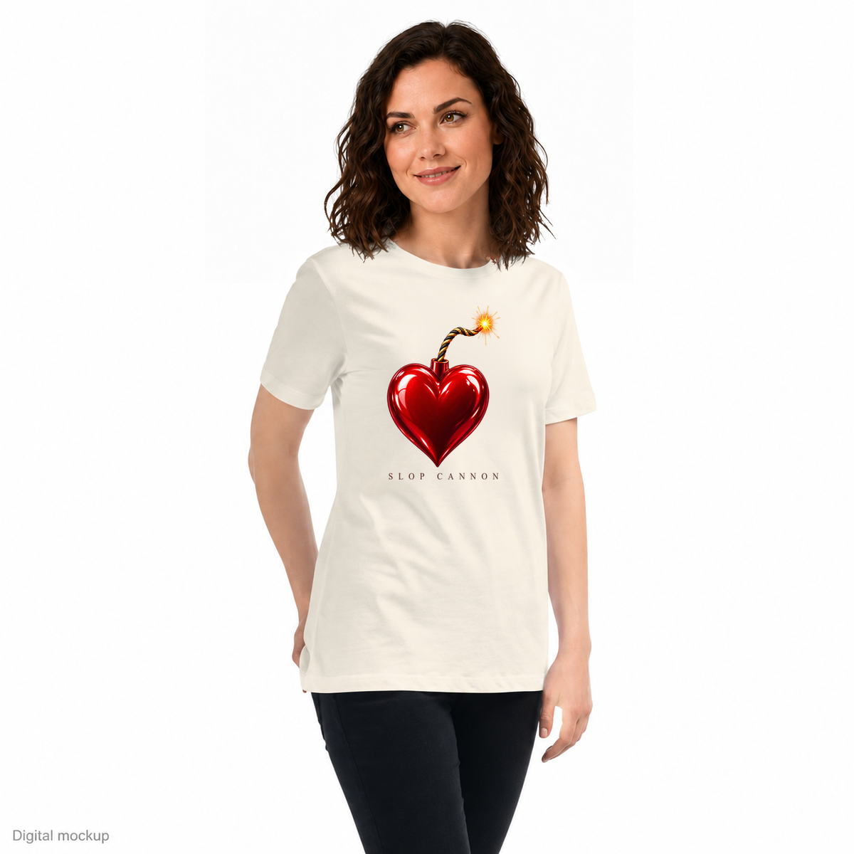 Slop Cannon Heart Fuse Women's Tee — Natural — three-quarter model view with exact configured artwork; digital composite checked against the supplier preview. Tee only; other clothing is styling and is not included.