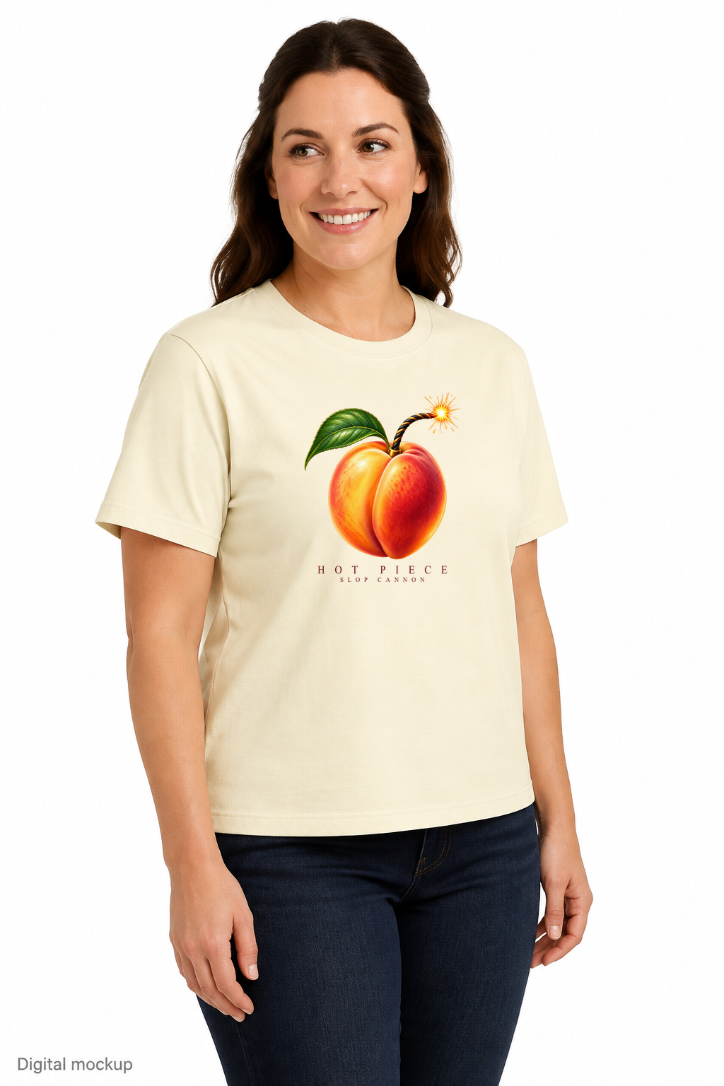 Slop Cannon Hot Piece Women's Tee — Buttermilk — fictional adult model front view; exact women's tee garment and configured Hot Piece artwork; roster identity AA-F02; generated digital mockup, not a manufactured sample; tee only; styling jeans excluded.