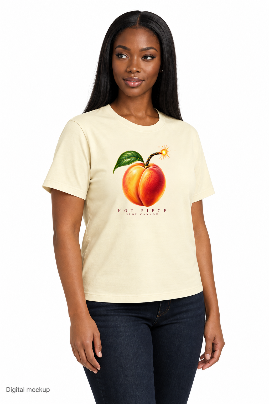 Slop Cannon Hot Piece Women's Tee — Buttermilk — fictional adult model front view; exact women's tee garment and configured Hot Piece artwork; roster identity AA-F02; generated digital mockup, not a manufactured sample; tee only; styling jeans excluded.
