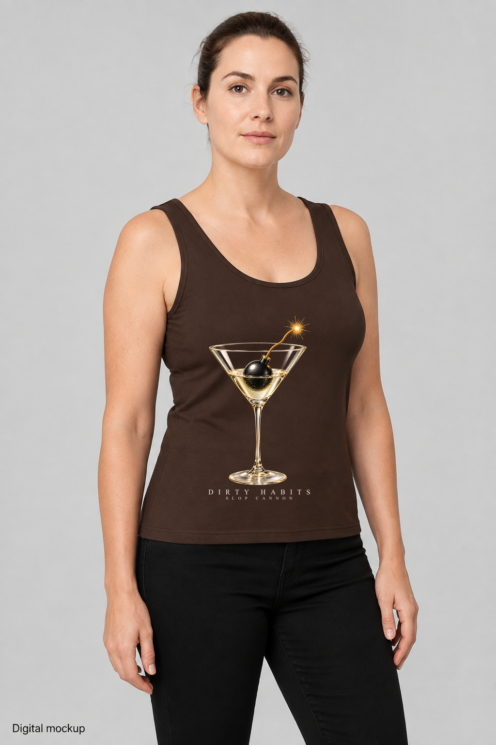 Slop Cannon Dirty Habits Women's Tank — Espresso — fictional adult model front view; exact women's tank garment and configured Dirty Habits artwork; roster identity HA-F02; generated digital mockup, not a manufactured sample; tank only; styling pants excluded.