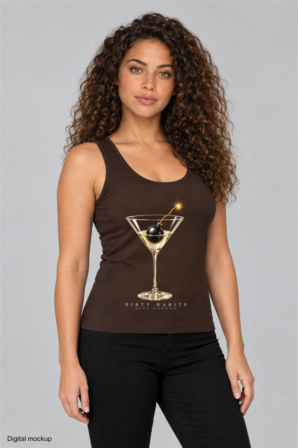 Slop Cannon Dirty Habits Women's Tank — Espresso — fictional adult model front view; exact women's tank garment and configured Dirty Habits artwork; roster identity HA-F02; generated digital mockup, not a manufactured sample; tank only; styling pants excluded.