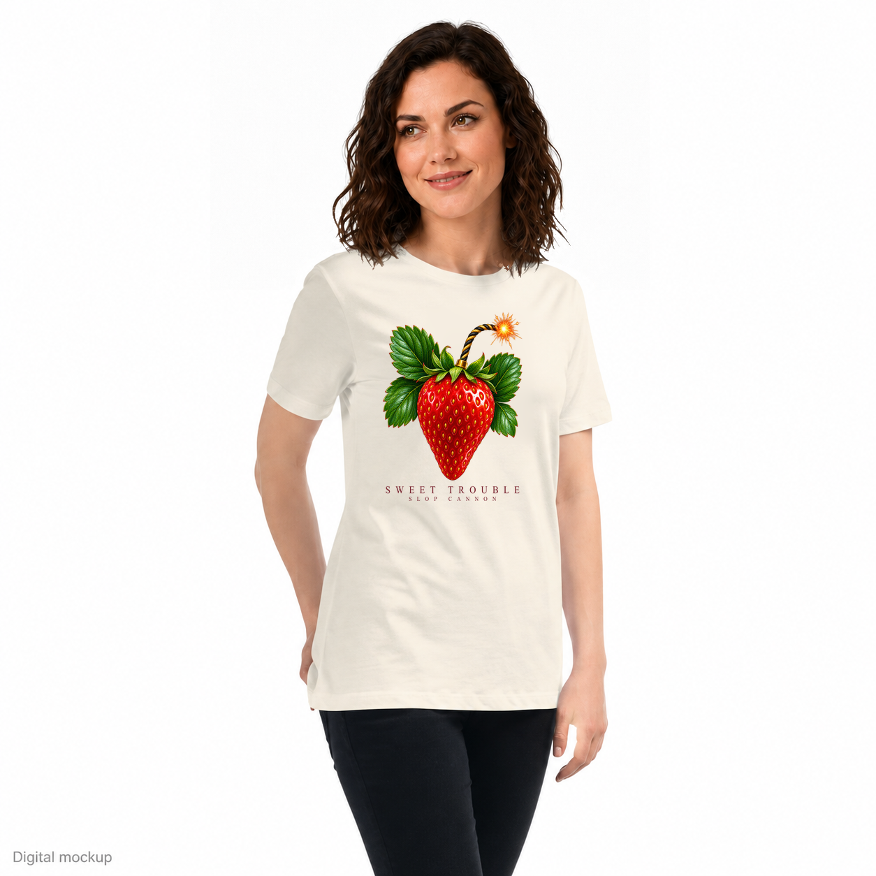 Slop Cannon Sweet Trouble Women's Tee — Natural — three-quarter model view with exact configured artwork; digital composite checked against the supplier preview. Tee only; other clothing is styling and is not included.
