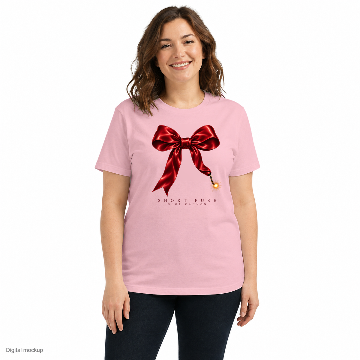 Slop Cannon Short Fuse Women's Tee — Pink — front model view with exact configured artwork; digital composite checked against the supplier preview. Tee only; other clothing is styling and is not included.