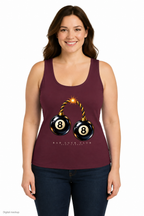 Slop Cannon Bad Luck Club Women's Tank — Burgundy — front model view with exact configured front artwork; digital composite checked against supplier garment and print reference. Tank top only; other clothing is styling and is not included.