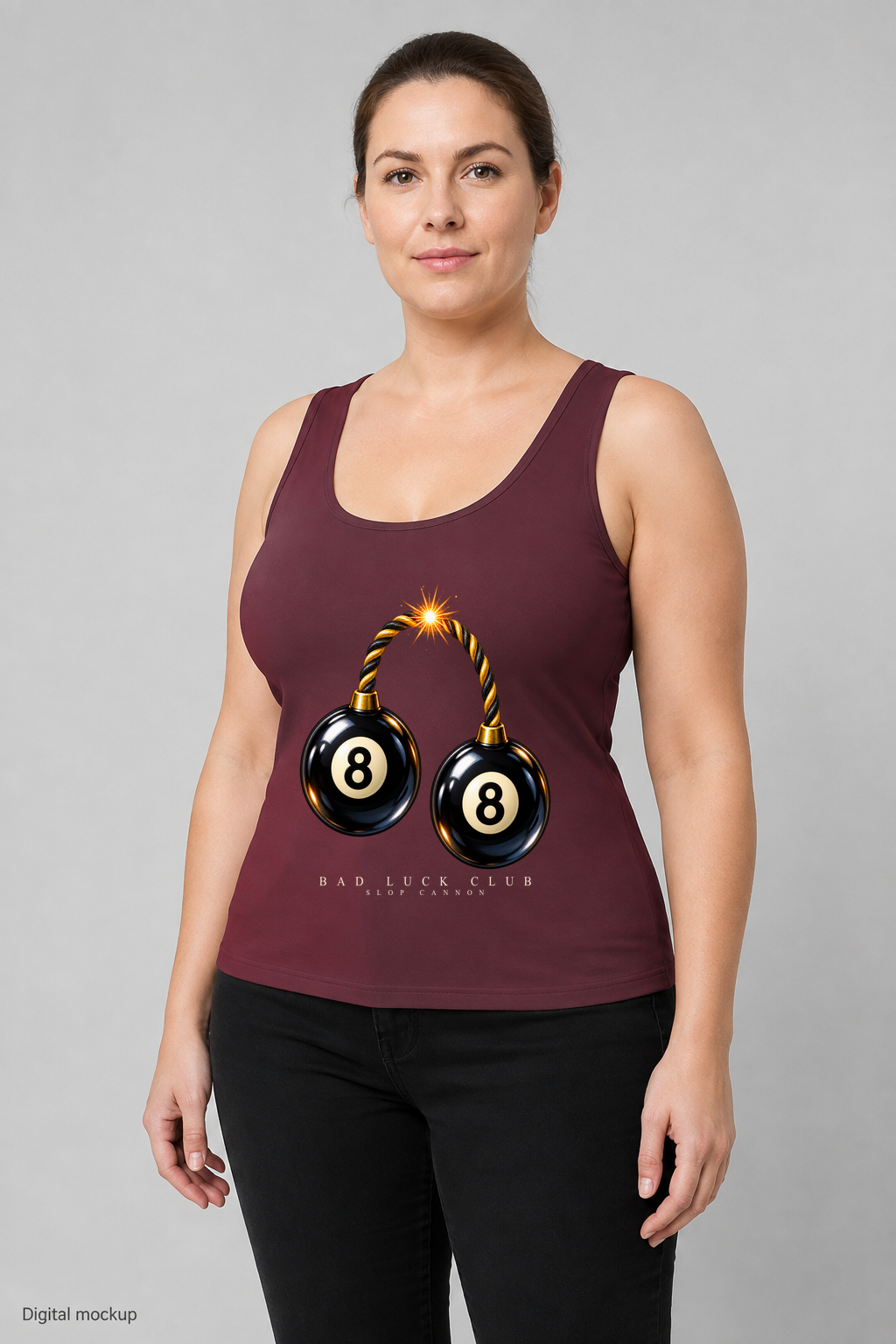 Slop Cannon Bad Luck Club Women's Tank — Burgundy — fictional adult model front view; exact women's tank garment and configured Bad Luck Club artwork; roster identity CW-F03; generated digital mockup, not a manufactured sample; tank only; styling pants excluded.