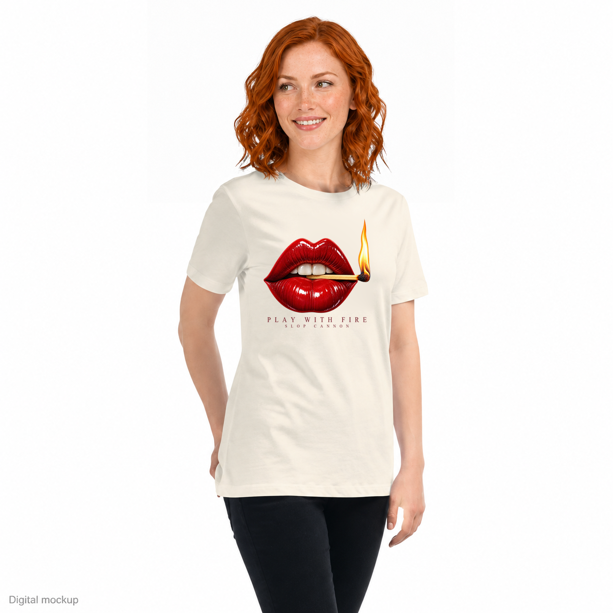 Slop Cannon Play With Fire Women's Tee — Natural — three-quarter model view with exact configured artwork; digital composite checked against the supplier preview. Tee only; other clothing is styling and is not included.