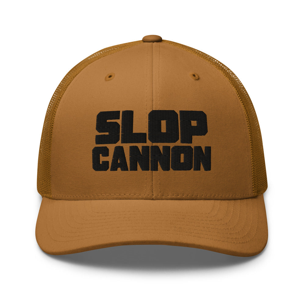 Slop Cannon Heavy Block Trucker Hat — Caramel / Caramel / Black — Front view of the exact configured supplier hat; digital embroidery preview, one hat only. Final stitching may vary after digitization.