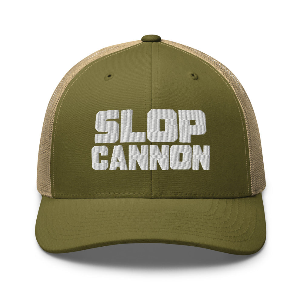 Slop Cannon Heavy Block Trucker Hat — Moss / Khaki / White — Front view of the exact configured supplier hat; digital embroidery preview, one hat only. Final stitching may vary after digitization.
