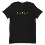 Slop Lightning Tee in Black, official Printful flat front view with compact SL lightning OP artwork
