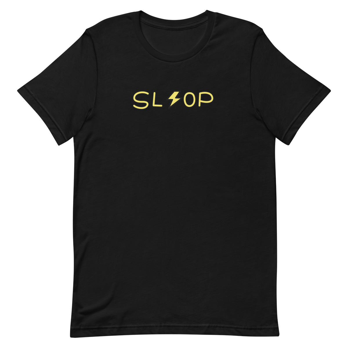 Slop Lightning Tee in Black, official Printful flat front view with compact SL lightning OP artwork