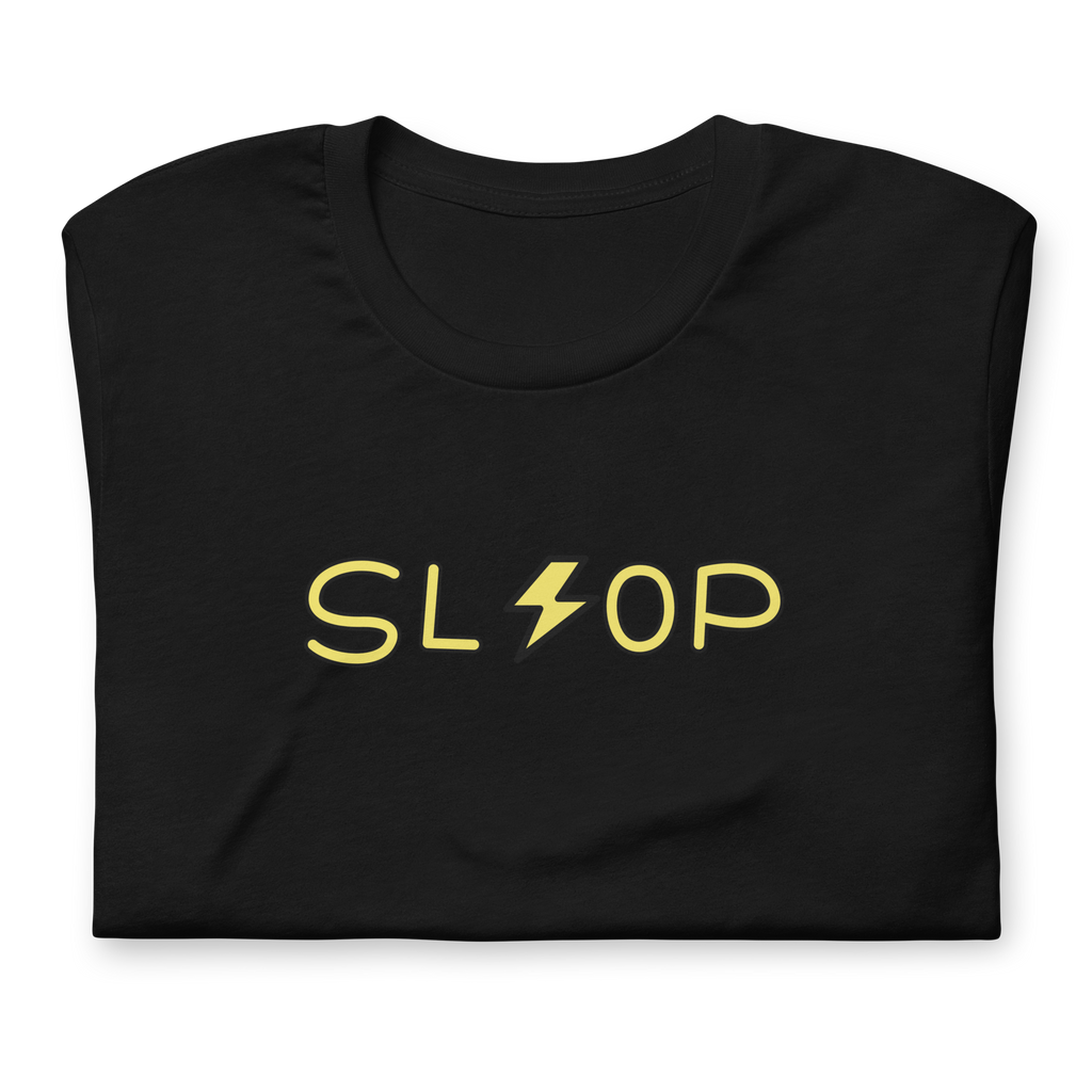 Slop Lightning Tee in Black, official Printful folded detail view with compact SL lightning OP artwork