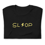 Slop Lightning Tee in Black, official Printful folded detail view with compact SL lightning OP artwork