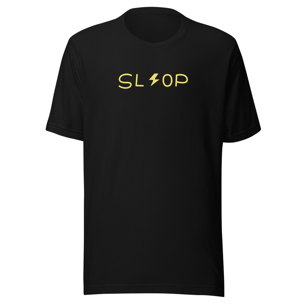 Slop Lightning Tee in Black, official Printful ghost front view with compact SL lightning OP artwork