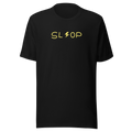 Slop Lightning Tee in Black, official Printful ghost front view with compact SL lightning OP artwork