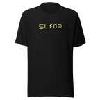 Slop Lightning Tee in Black, official Printful ghost front view with compact SL lightning OP artwork