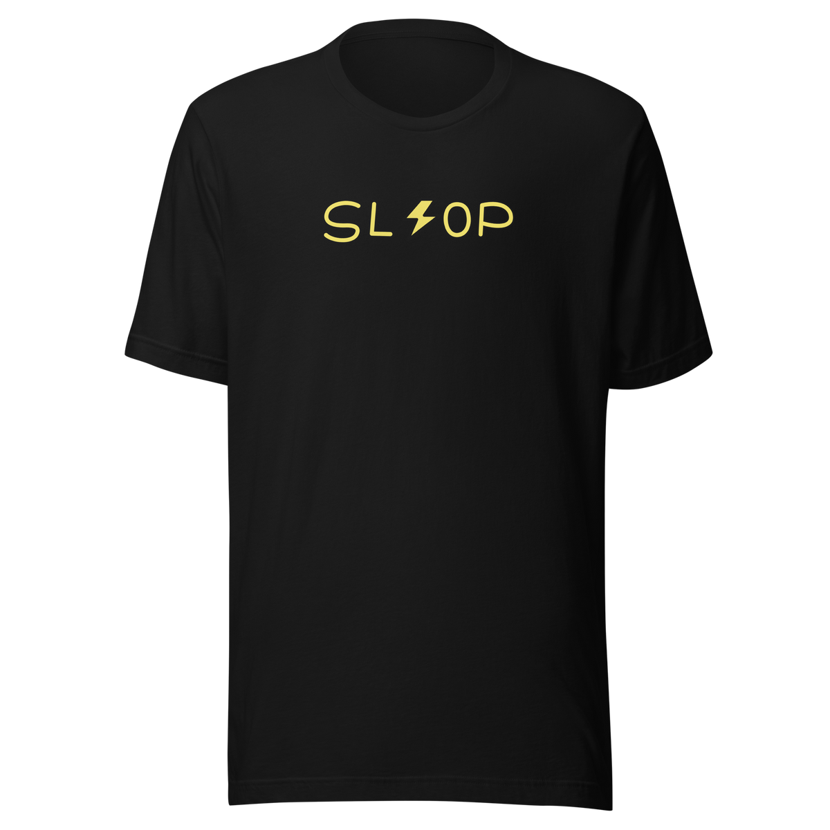Slop Lightning Tee in Black, official Printful ghost front view with compact SL lightning OP artwork