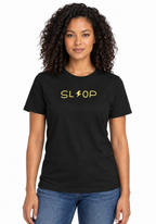 Adult woman wearing the Black Slop Lightning Tee, front studio view