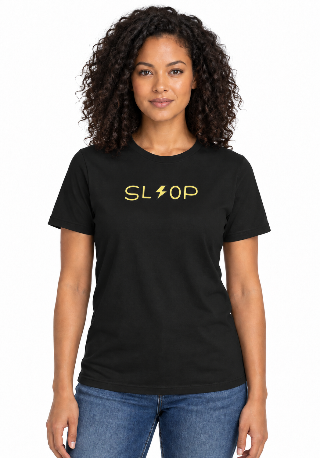 Adult woman wearing the Black Slop Lightning Tee, front studio view