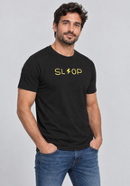 Adult man wearing the Black Slop Lightning Tee, three-quarter studio view
