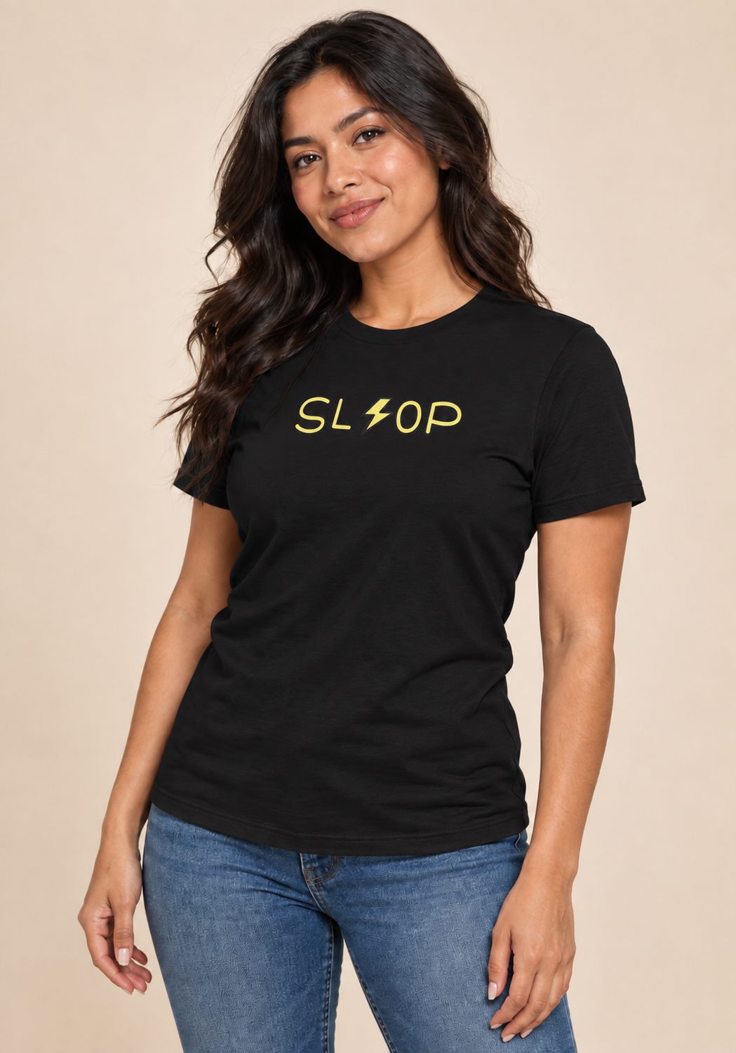 Adult woman wearing the Black Slop Lightning Tee, relaxed three-quarter studio view