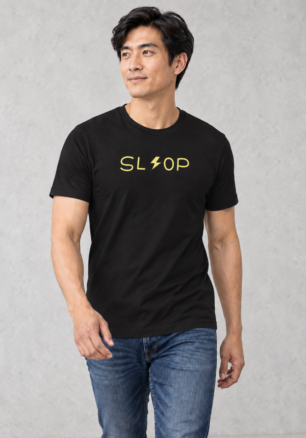 Adult man wearing the Black Slop Lightning Tee, walking studio view