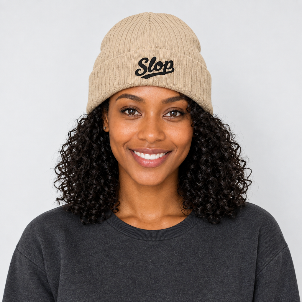 Slop Script Beanie — Beige / Black — BF1 Nia Grant roster identity; generated model mockup based on the supplier product reference, not a manufactured sample.