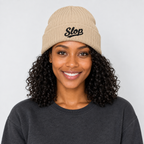 Slop Script Beanie — Beige / Black — BF1 Nia Grant roster identity; generated model mockup based on the supplier product reference, not a manufactured sample.